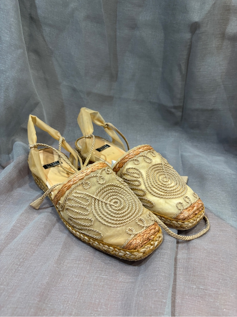 Stuart Weitzman Cream and Tan Embroidered Espadrille Sandals